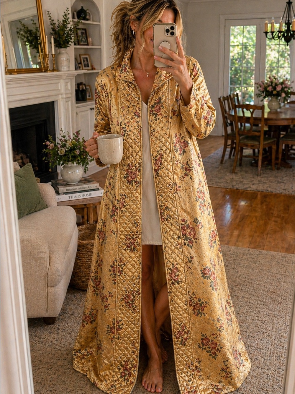 Vintage Christian Dior Quilted Floral House Coat Robe Duster Cottagecore Luxury